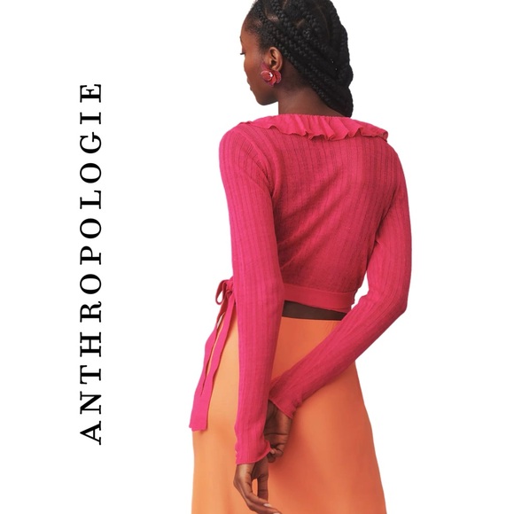 Anthropologie Maeve Linen Ruffled Wrap Cardigan Sweater - Picture 4 of 8